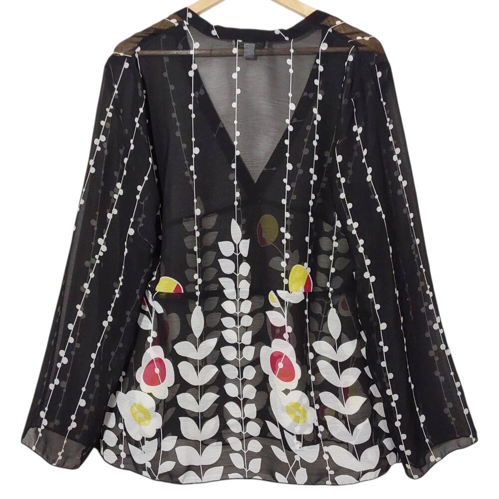 Coldwater Creek V-Neck Tunic Top Black Semi-Sheer Floral Crepe Great Cond - L - Picture 6 of 11